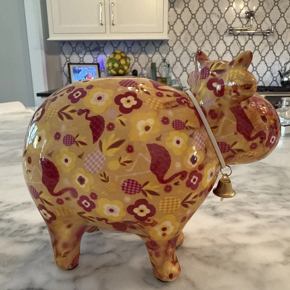 Pomme Pidou Floral Ceramic Flamingos, Red Gold Floral Colorful Cow Coin Bank